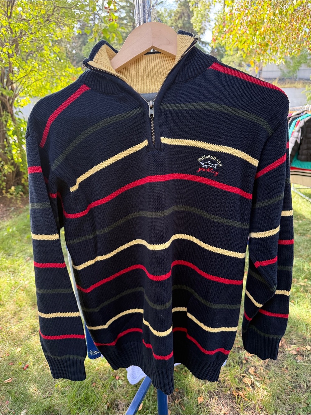 Paul & Shark Black Half-Zip Sweater with Red & Cream Stripes